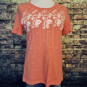 Coral & White Print Short Sleeve Top